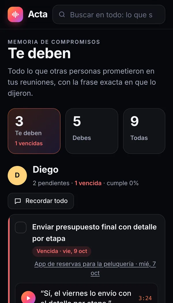 Pantalla de compromisos de Acta: lo que te deben, con la frase exacta