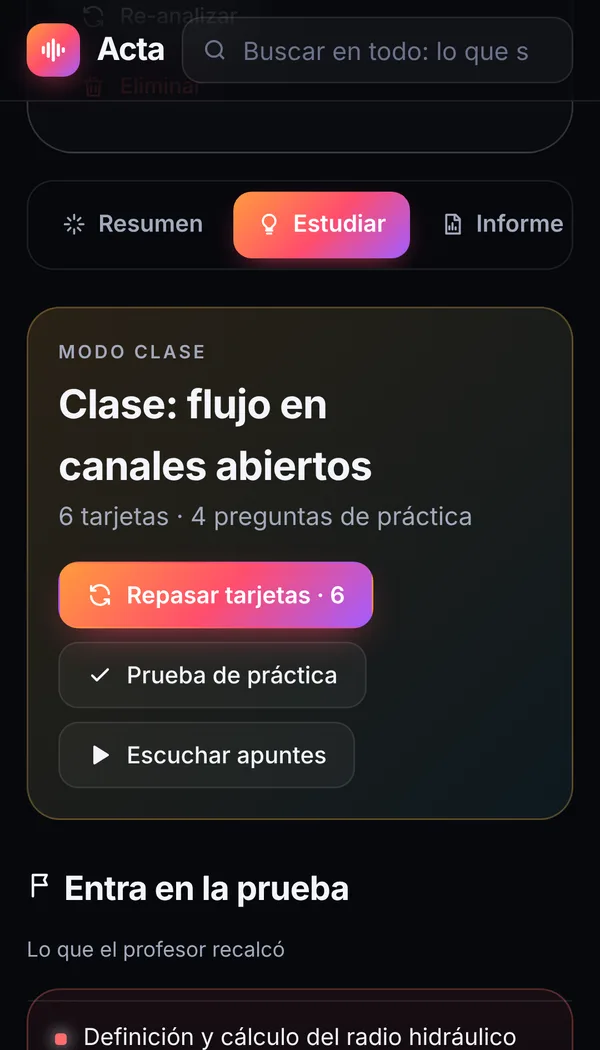 Modo Clase de Acta con apuntes y tarjetas de estudio